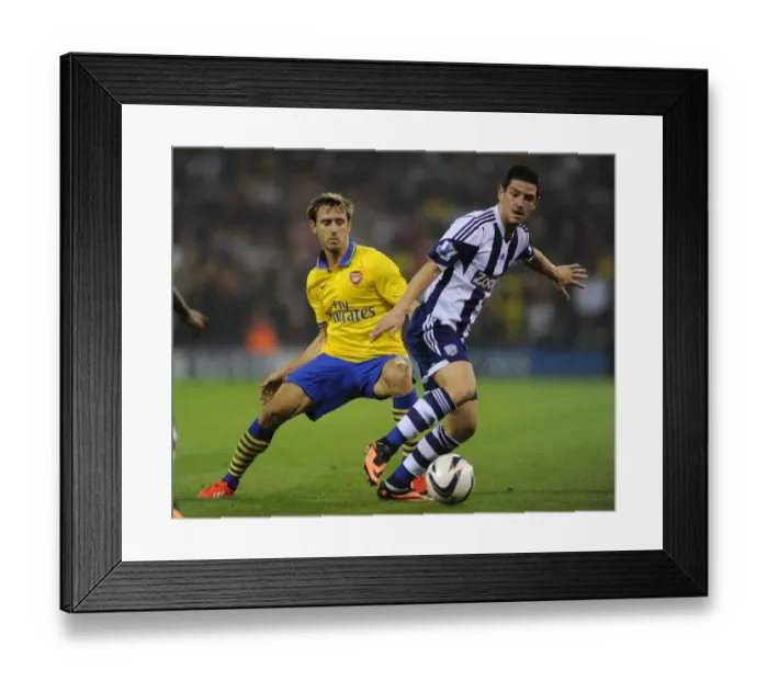 Framed Print : Monreal Shuts Down Dorrans: Arsenal vs. West Bromwich Albion, Capital One Cup 2013-14