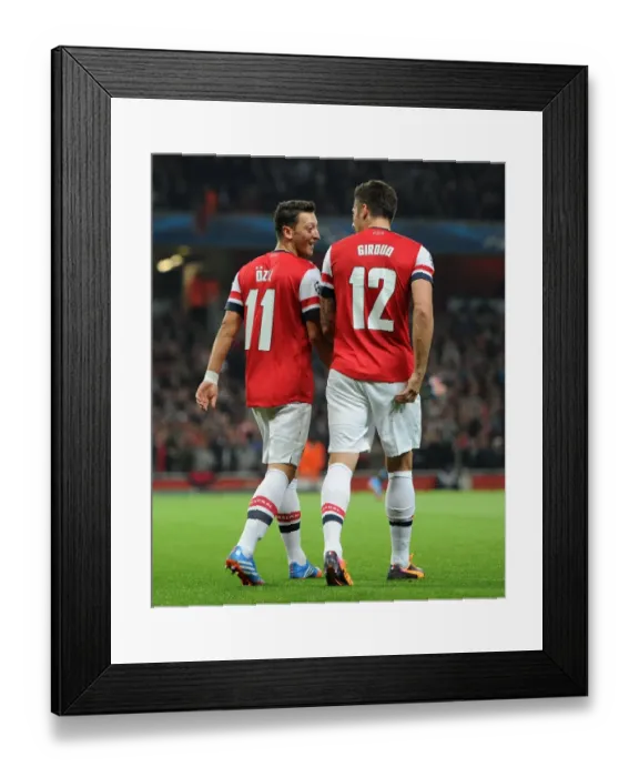 Framed Print : Olivier Giroud and Mesut Ozil Celebrate Arsenal's Second Goal vs. Napoli (2013-14)