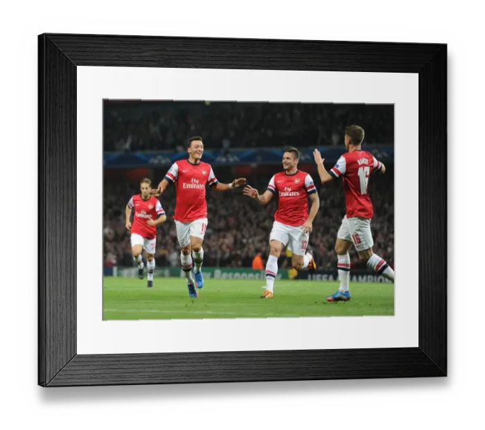 Framed Print : Arsenal Triumph: Ozil, Giroud, Ramsey Celebrate Goals Against Napoli in 2013-14 Champions League