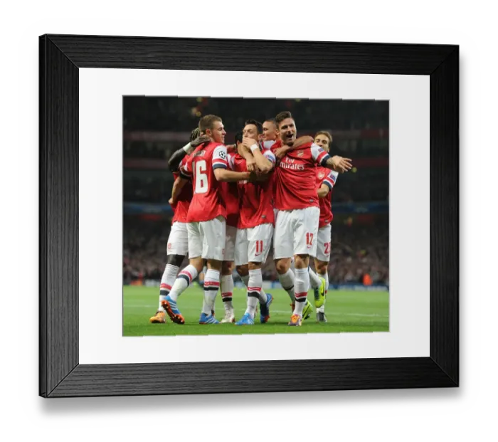 Framed Print : Arsenal's Unforgettable Goal Celebration: Ozil, Sagna, Ramsey, Gibbs, Flamini, Giroud (vs. Napoli, 2013-14)