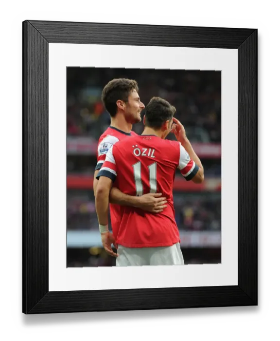 Framed Print : Mesut Ozil celebrates scoring his 1st goal, Arsenals 2nd, with Olivier Giroud. Arsenal 4 Framed Print : Mesut Ozil celebrates scoring his 1st goal, Arsenals 2nd, with Olivier Giroud. Arsenal 4