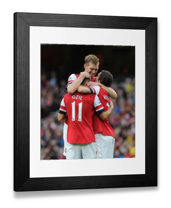 Framed Print : Mesut Ozil's Brace: Arsenal's Victory Dance with Per Mertesacker and Tomas Rosicky (Arsenal v Norwich City, 2013-14) Framed Print : Mesut Ozil's Brace: Arsenal's Victory Dance with Per Mertesacker and Tomas Rosicky (Arsenal v Norwich City, 2013-14)