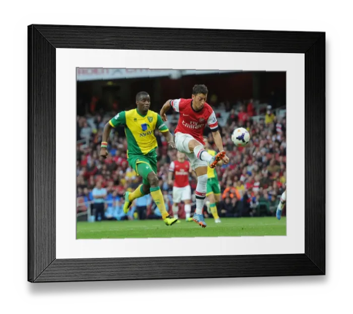 Framed Print : Mesut Ozil vs Sebastien Bassong: Intense Battle at Arsenal v Norwich City, 2013-14 Framed Print : Mesut Ozil vs Sebastien Bassong: Intense Battle at Arsenal v Norwich City, 2013-14
