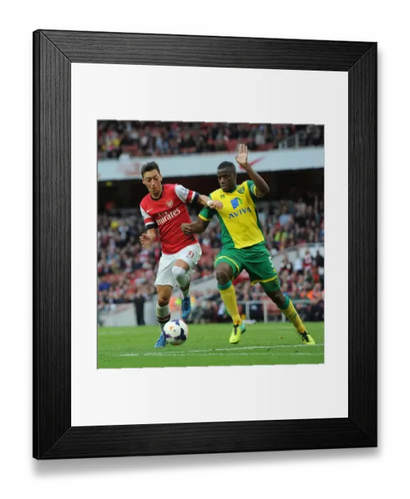 Framed Print : Mesut Ozil vs Sebastien Bassong: A Football Rivalry Unfolds at Arsenal vs Norwich City, 2013-14 Framed Print : Mesut Ozil vs Sebastien Bassong: A Football Rivalry Unfolds at Arsenal vs Norwich City, 2013-14