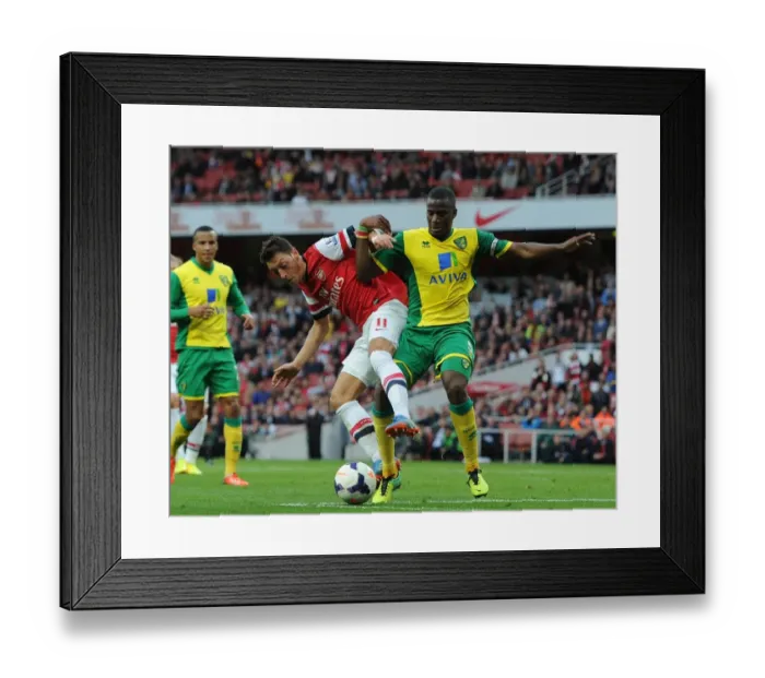 Framed Print : Mesut Ozil (Arsenal) Sebatien Bassong (Norwich). Arsenal 4: 1 Norwich City. Barclays Premier League Framed Print : Mesut Ozil (Arsenal) Sebatien Bassong (Norwich). Arsenal 4: 1 Norwich City. Barclays Premier League