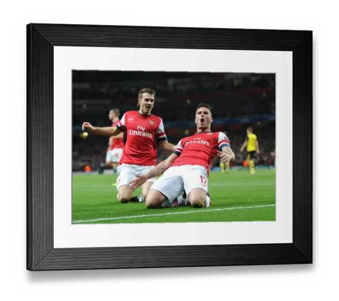 Framed Print : Arsenal's Olivier Giroud and Aaron Ramsey Celebrate Goal Against Borussia Dortmund, 2013-14 UEFA Champions League
