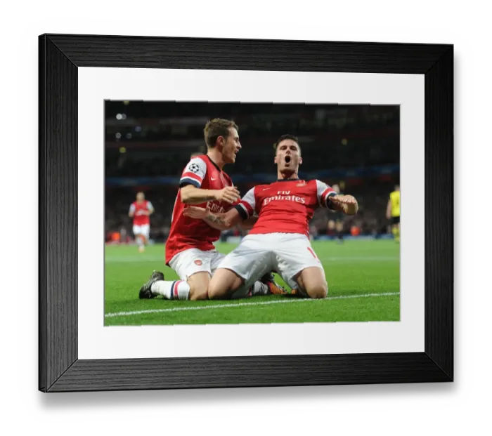 Framed Print : Giroud and Ramsey Celebrate Arsenal's Goal Against Borussia Dortmund in the 2013-14 UEFA Champions League