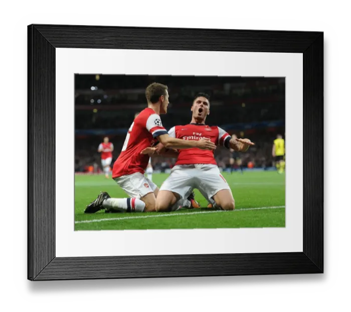 Framed Print : Arsenal's Unstoppable Duo: Giroud and Ramsey in Glory - Goal Celebration vs Borussia Dortmund, 2013-14 UEFA Champions League