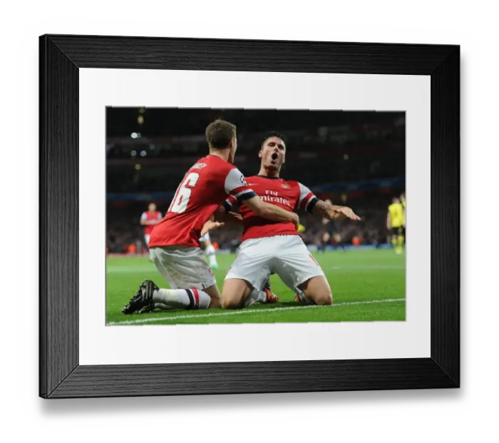 Framed Print : Arsenal's Giroud and Ramsey: Celebrating a Goal Against Borussia Dortmund in the 2013-14 UEFA Champions League Framed Print : Arsenal's Giroud and Ramsey: Celebrating a Goal Against Borussia Dortmund in the 2013-14 UEFA Champions League