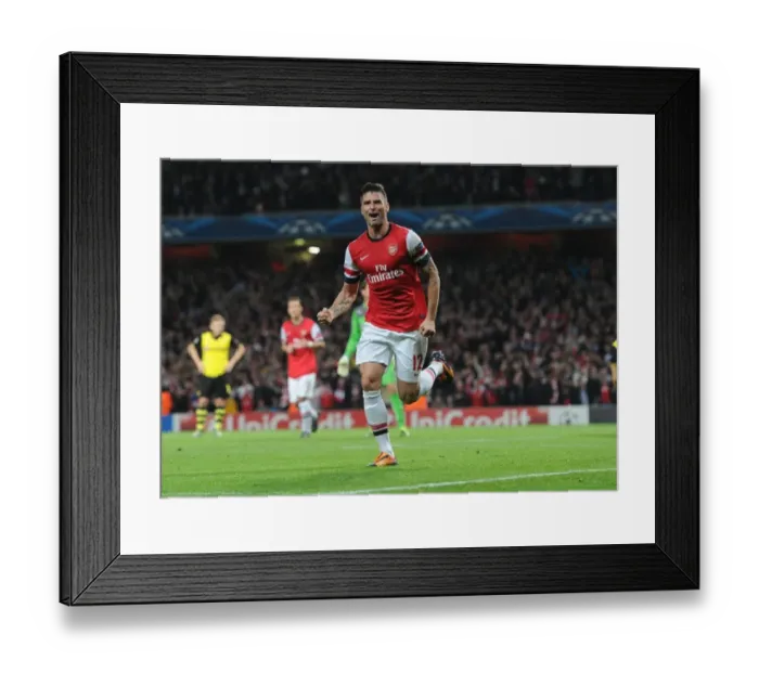Framed Print : Thrilling Goal: Olivier Giroud Scores for Arsenal Against Borussia Dortmund in the Champions League, 2013