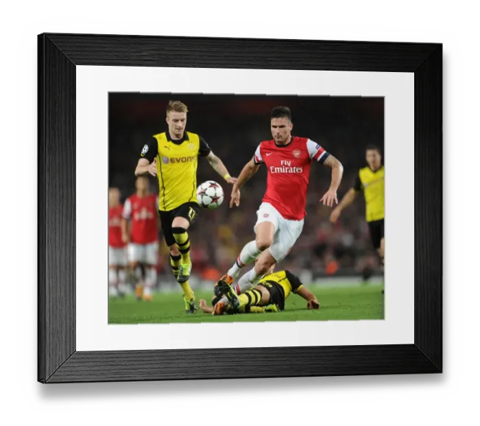Framed Print : Clash of Stars: Giroud vs. Reus & Sahin - Arsenal vs. Borussia Dortmund (2013-14) Framed Print : Clash of Stars: Giroud vs. Reus & Sahin - Arsenal vs. Borussia Dortmund (2013-14)