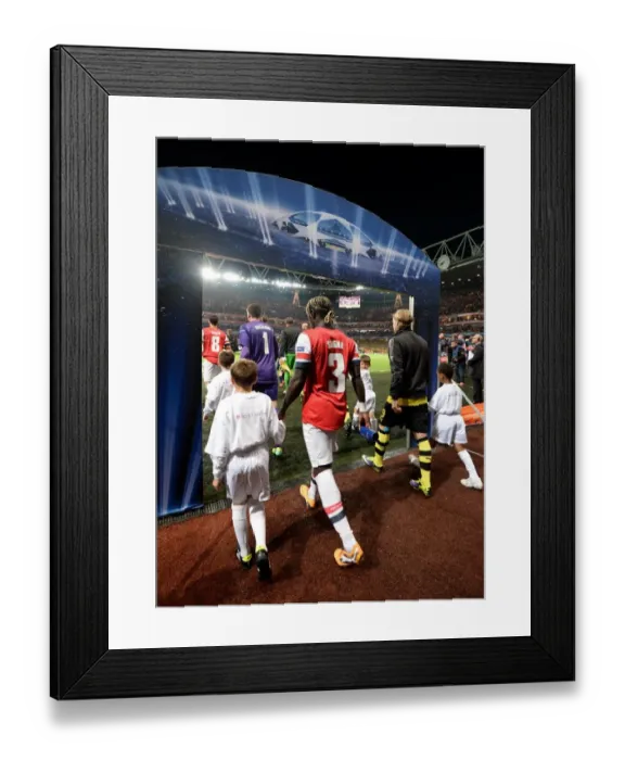 Framed Print : Bacary Sagna Leads Arsenal onto Emirates Stadium Field vs Borussia Dortmund, UEFA Champions League (2013)