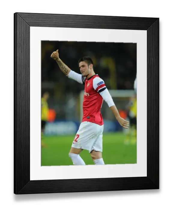 Framed Print : Olivier Giroud Celebrates with Arsenal Fans after Borussia Dortmund Clash (2013-14)
