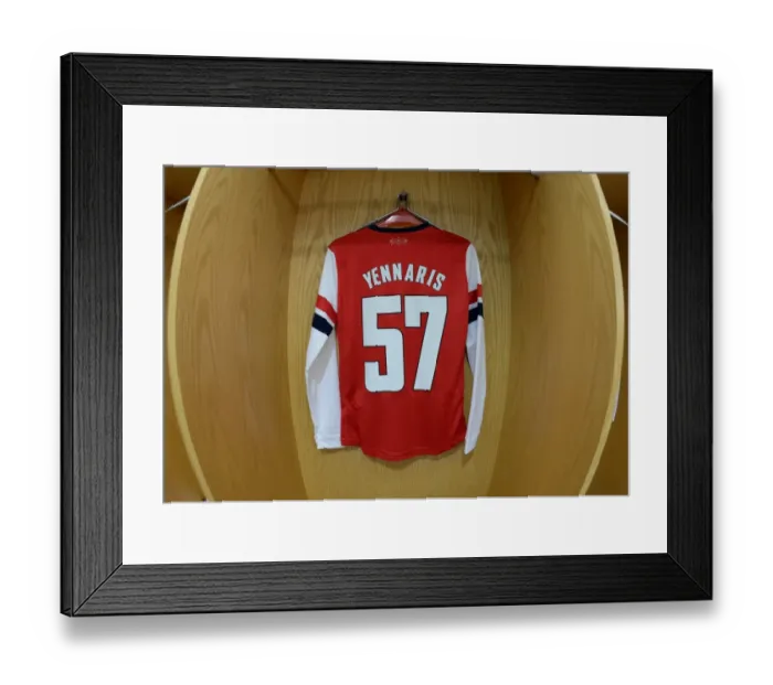 Framed Print : Nico Yennaris (Arsenal) shirts hang in the changingroom. Arsenal 0: 2 Chelsea. Capital