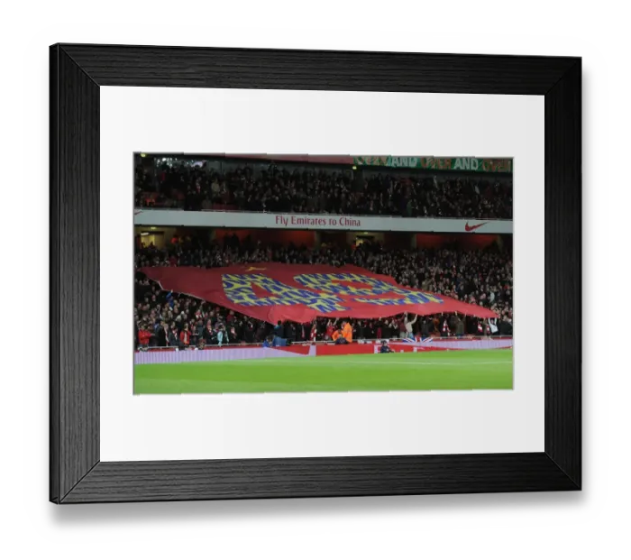 Framed Print : Arsenal fans with 49ers banner before the match. Arsenal 2: 0 Liverpool. Barclays Premier League Framed Print : Arsenal fans with 49ers banner before the match. Arsenal 2: 0 Liverpool. Barclays Premier League