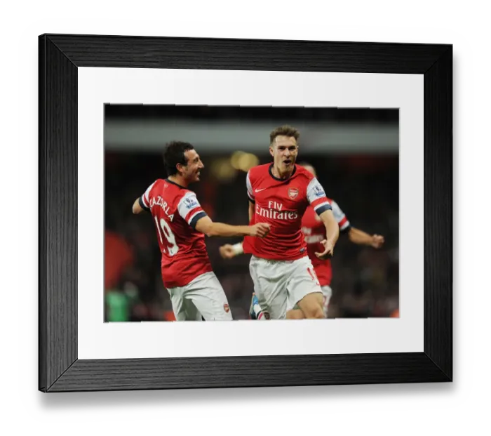 Framed Print : Arsenal's Ramsey and Cazorla Celebrate Goals Against Liverpool (2013-14)