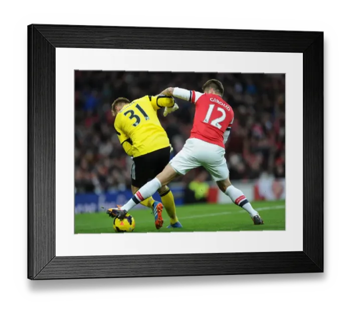 Framed Print : Olivier Giroud tackles Artur Boruc (Southampton) on his way to scoring Arsenals 1st goal