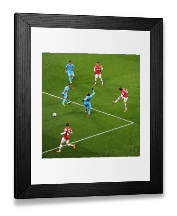 Framed Print : Arsenal's Rosicky Scores Past Marseille's Koulou and Abdallah in 2013-14 Champions League