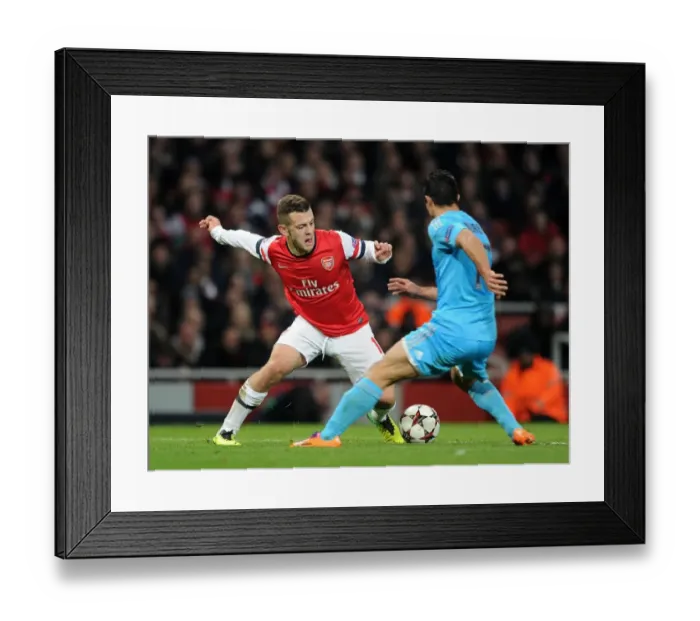 Framed Print : Jack Wilshere vs. Jeremy Morel: Battle in the Midfield - Arsenal v Marseille, UEFA Champions League, 2013