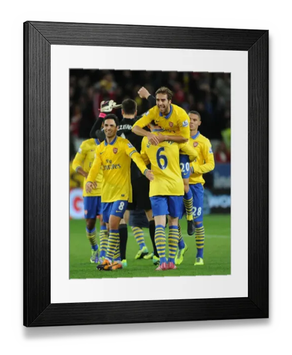 Framed Print : Celebrating Victory: Flamini, Koscielny, and Arteta (Cardiff City vs. Arsenal, 2013-14)