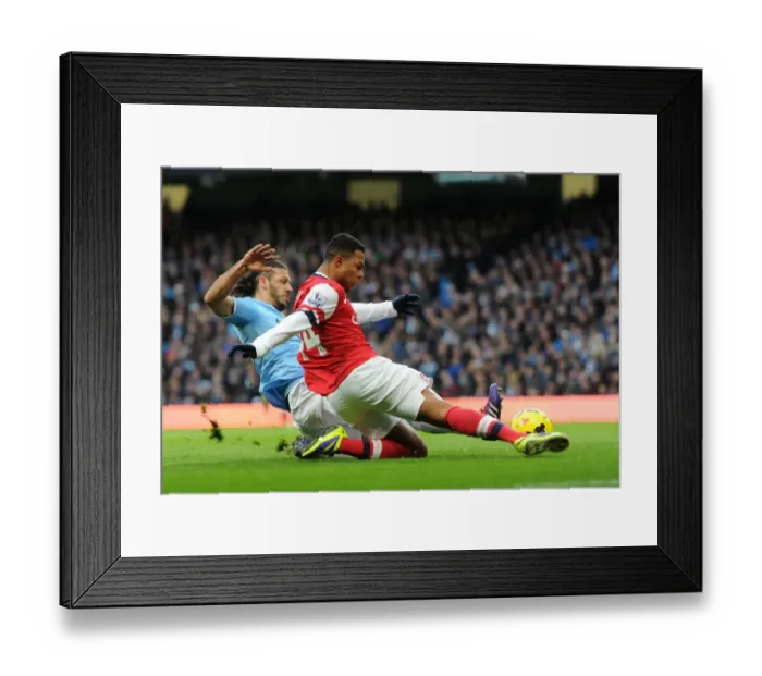 Framed Print : Serge Gnabry vs. Martin Demichelis: A Battle at the Etihad - Manchester City vs. Arsenal, Premier League, 2013