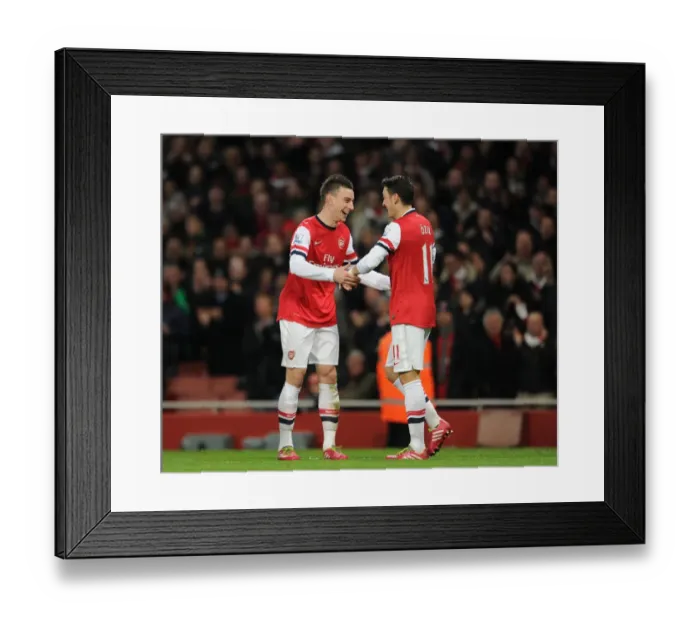 Framed Print : Mesut Ozil and Laurent Koscielny Celebrate Arsenal's Second Goal vs Hull City, 2013-14