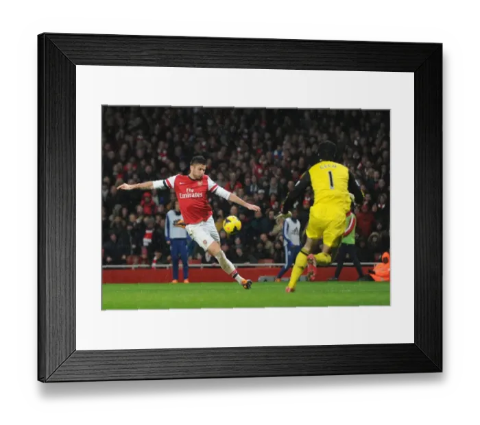 Framed Print : Giroud vs. Cech: Battle at the Emirates - Arsenal v Chelsea, Premier League 2013-14