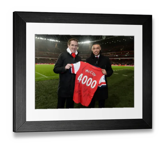 Framed Print : Arsenal's Oxlade-Chamberlain Honors Jockey AP McCoy with Signed Shirt at Half-Time (Arsenal v Chelsea, 2013-14)