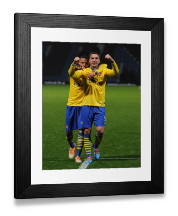 Framed Print : Arsenal's Jubilant Podolski and Gibbs: Celebrating a Goal at West Ham United (2013-14) Framed Print : Arsenal's Jubilant Podolski and Gibbs: Celebrating a Goal at West Ham United (2013-14)