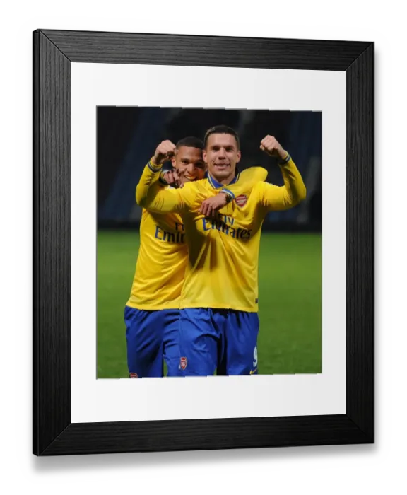 Framed Print : Arsenal's Unstoppable Duo: Podolski and Gibbs Celebrate Victory over West Ham United Framed Print : Arsenal's Unstoppable Duo: Podolski and Gibbs Celebrate Victory over West Ham United