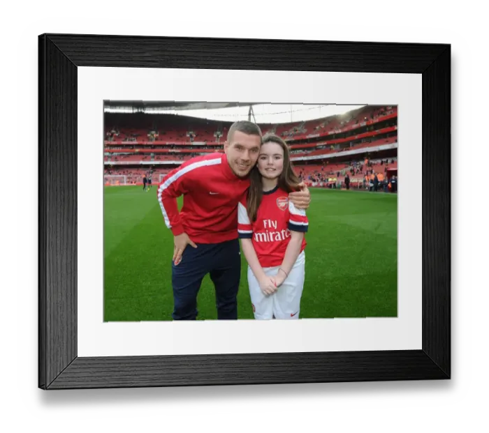 Framed Print : Arsenal mascot with Lukas Podolski (Arsenal). Arsenal 2: 0 Fulham. Barclays Premier League