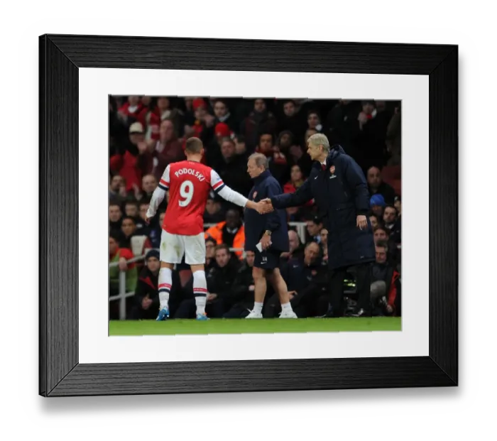 Framed Print : Arsene Wenger and Lukas Podolski: A Handshake at Emirates Stadium (Arsenal vs Crystal Palace, 2013-14)