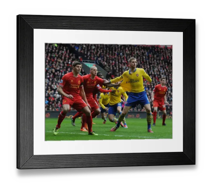 Framed Print : Per Mertesacker vs. Steven Gerrard and Martin Skrtel: Intense Battle at Anfield (Liverpool v Arsenal, 2013-14)