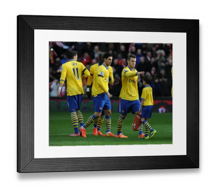 Framed Print : Arsenal's Jack Wilshere and Mikel Arteta with the Mascot Before Liverpool vs Arsenal, Premier League 2013-14
