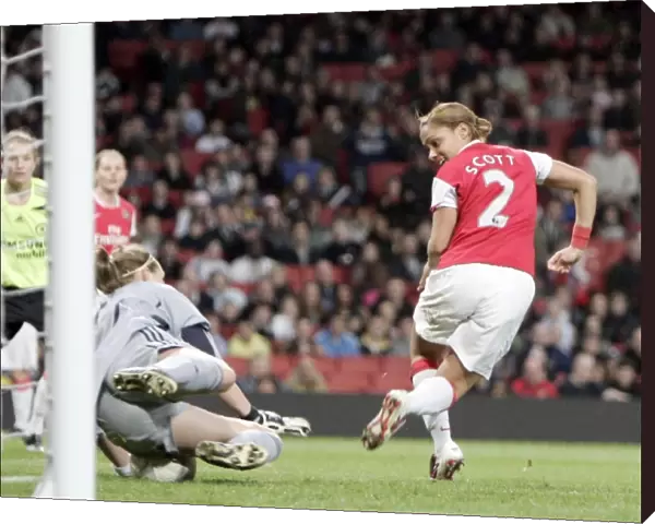 Alex Scott (Arsenal) trys to backheel the ball under Siobhan Chamberlian (Chelsea)