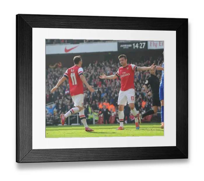 Framed Print : Arsenal's Giroud and Ozil Celebrate Goals in FA Cup Quarter-Final Victory