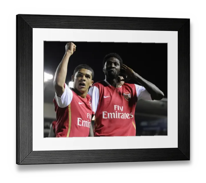 Framed Print : Emmanuel Adebayor celebrates scoring his 1st and Arsenals 3rd goal of the match with Denilson Framed Print : Emmanuel Adebayor celebrates scoring his 1st and Arsenals 3rd goal of the match with Denilson
