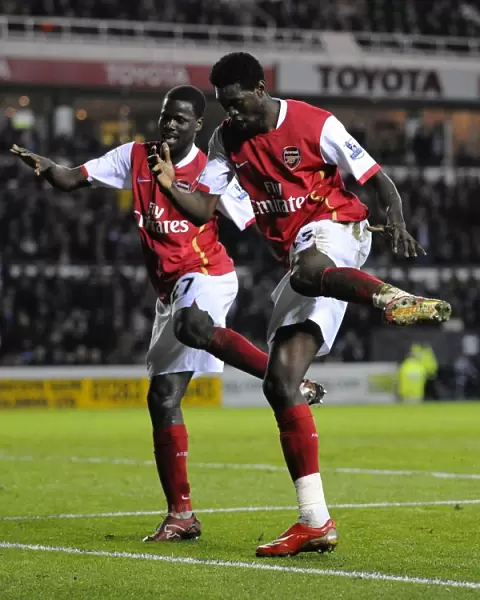 Emmanuel Adebayor celebrates scoring his 2nd and Arsenals 5th goal of the match with Emmanuel Eboue. Derby 2: 6 Arsenal, Barclays Premier League, Pride Park, Derby, 28  /  4  /  2008. Credit : Stuart MacFarlane  /  Arsenal