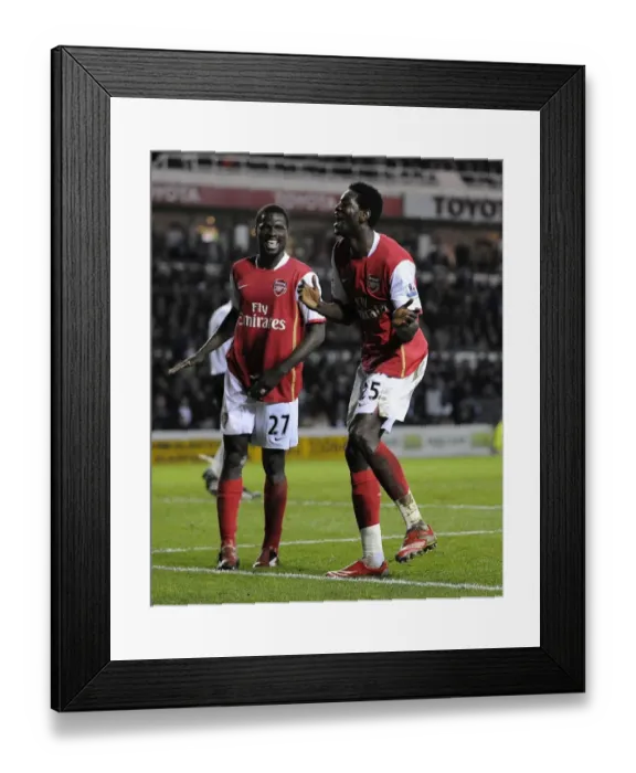 Framed Print : Double Trouble: Adebayor and Eboue's Unforgettable 5-2 Victory for Arsenal Against Derby County Framed Print : Double Trouble: Adebayor and Eboue's Unforgettable 5-2 Victory for Arsenal Against Derby County