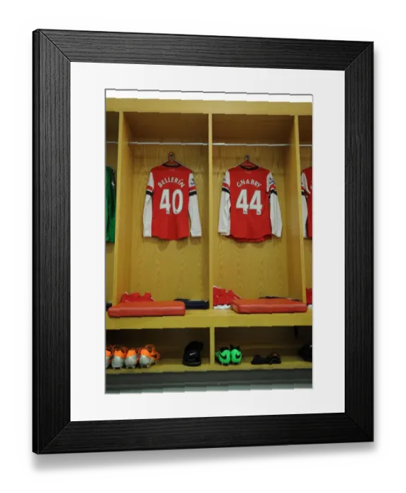 Framed Print : Arsenal Changing Room: Bellerin and Gnabry Shirts Before Arsenal v Swansea City (2013-14)