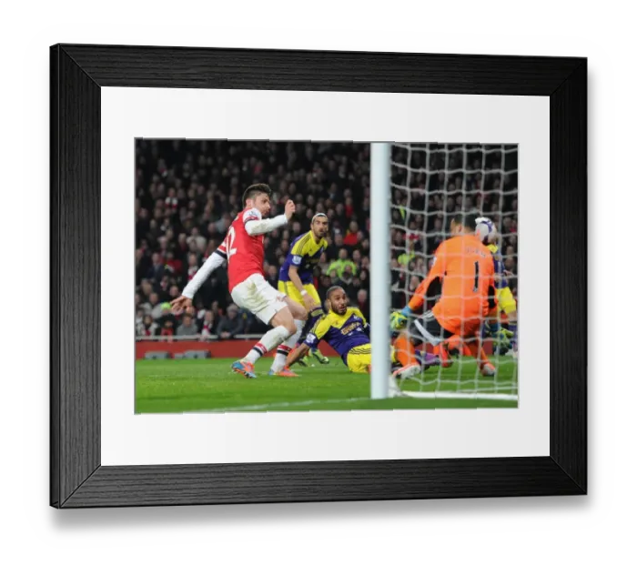 Framed Print : Olivier Giroud Scores First Goal Past Michel Vorm: Arsenal vs Swansea City, Premier League 2013-14
