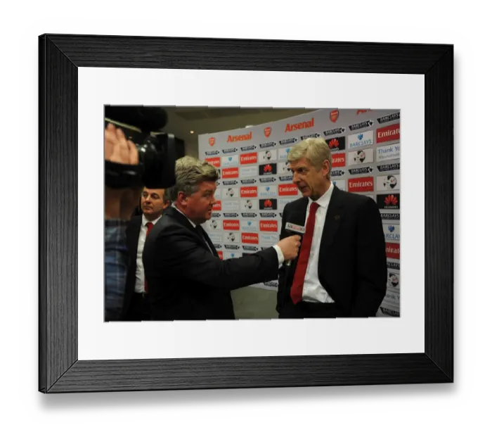 Framed Print : Arsene Wenger the Arsenal Manager is interviewed before the match. Arsenal 1: 1 Manchester City Framed Print : Arsene Wenger the Arsenal Manager is interviewed before the match. Arsenal 1: 1 Manchester City