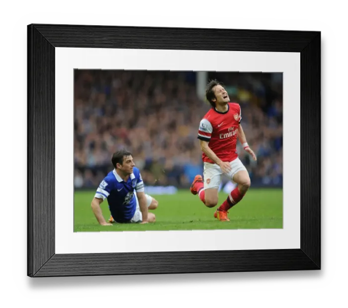 Framed Print : Clash of Midfield Maestros: Rosicky vs. Baines - Everton vs. Arsenal, Premier League, 2014