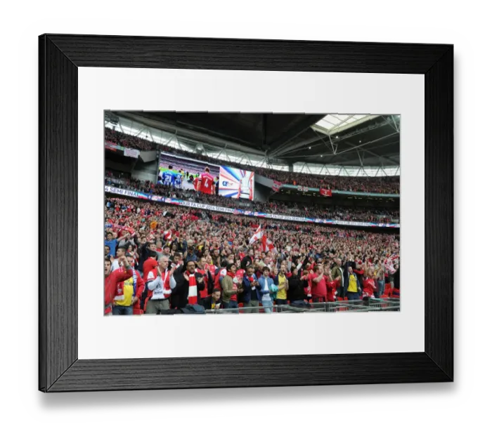 Framed Print : Arsenal fans before the match. Arsenal 1: 1 Wigan Athletic. 4: 2 after penalties. FA Cup Semi Final Framed Print : Arsenal fans before the match. Arsenal 1: 1 Wigan Athletic. 4: 2 after penalties. FA Cup Semi Final