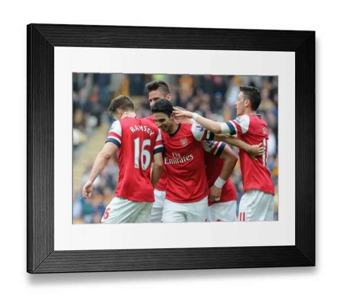 Framed Print : Arsenal's Stars: Podolski, Ramsey, Ozil, and Giroud Celebrate Goals Against Hull City (April 2014) Framed Print : Arsenal's Stars: Podolski, Ramsey, Ozil, and Giroud Celebrate Goals Against Hull City (April 2014)