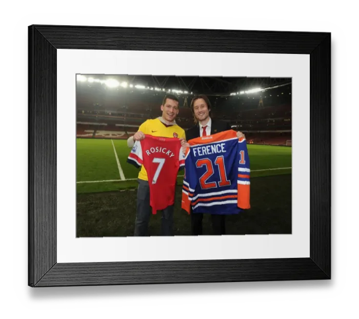 Framed Print : Tomas Rosicky (Arsenal) with NHL Player Andrew Ference after the match. Arsenal 2