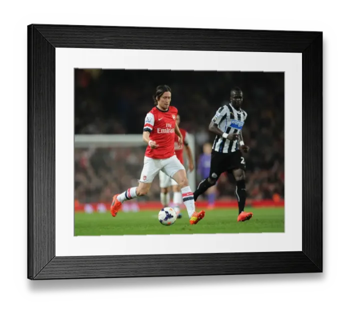 Framed Print : Rosicky Outpaces Tiote: Intense Moment from Arsenal vs. Newcastle United, Premier League 2013-2014