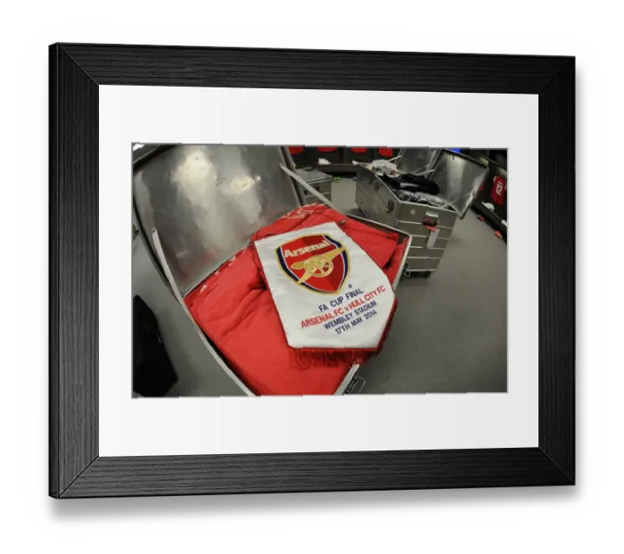 Framed Print : Arsenal FA Cup Final Pennant in Changing Room before Arsenal vs Hull City, 2014