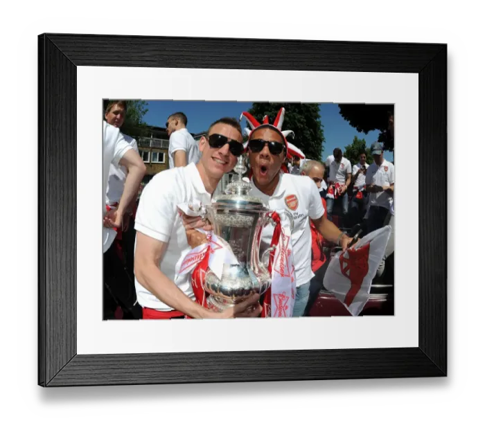 Framed Print : Arsenal FC: Laurent Koscielny and Kieran Gibbs Celebrate FA Cup Victory during the 2014 Parade Framed Print : Arsenal FC: Laurent Koscielny and Kieran Gibbs Celebrate FA Cup Victory during the 2014 Parade