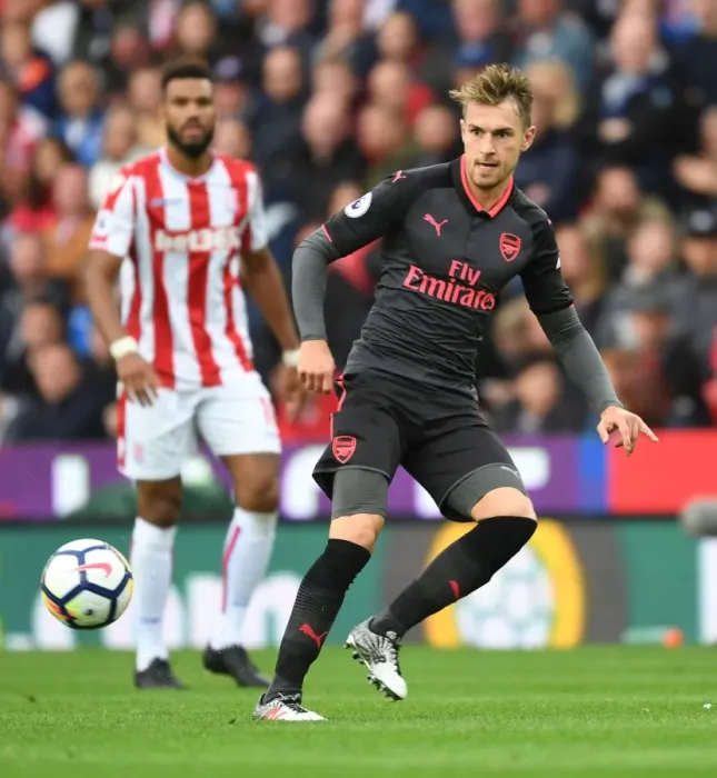 Framed Print : Aaron Ramsey in Action: Stoke City vs. Arsenal, Premier League 2017-18